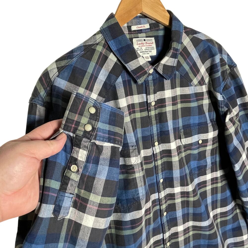 LUCKY BRAND Men’s Blue Plaid Snap Front Western Long Sleeve Shirt - Picture 2 of 3